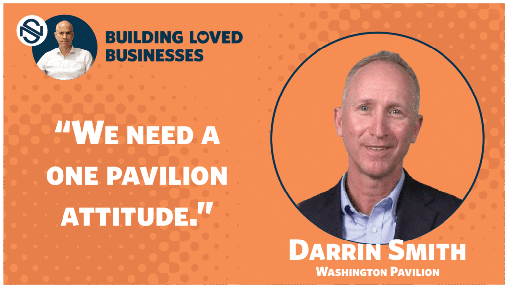An image featuring Darrin Smith, President & CEO of the Washington Pavilion, with a quote about unity and teamwork. The background is orange with polka dots and text emphasizing the importance of a 'one pavilion attitude.'